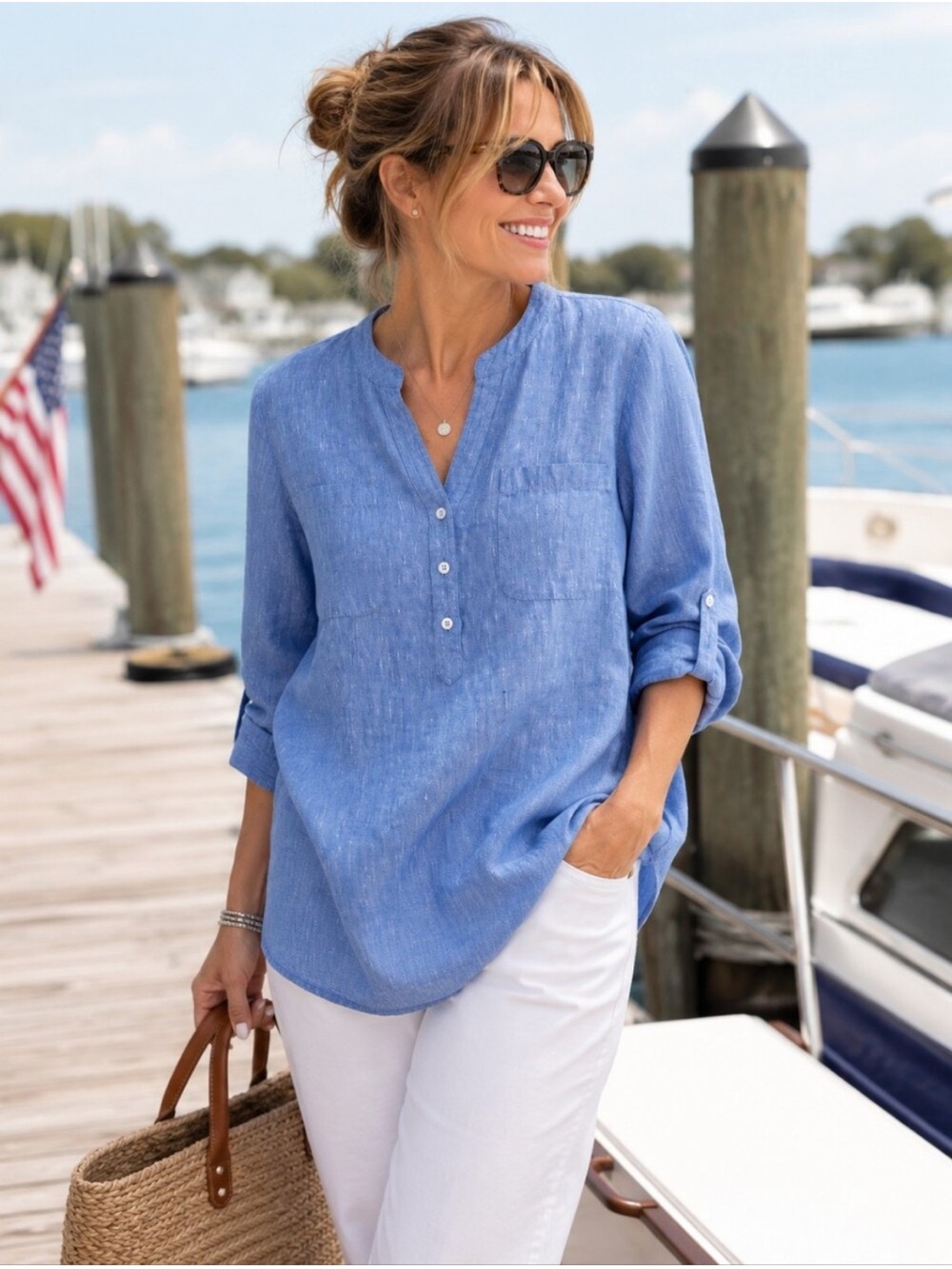Talbots Linen Blue Tunic Shirt, Size L, Made in India